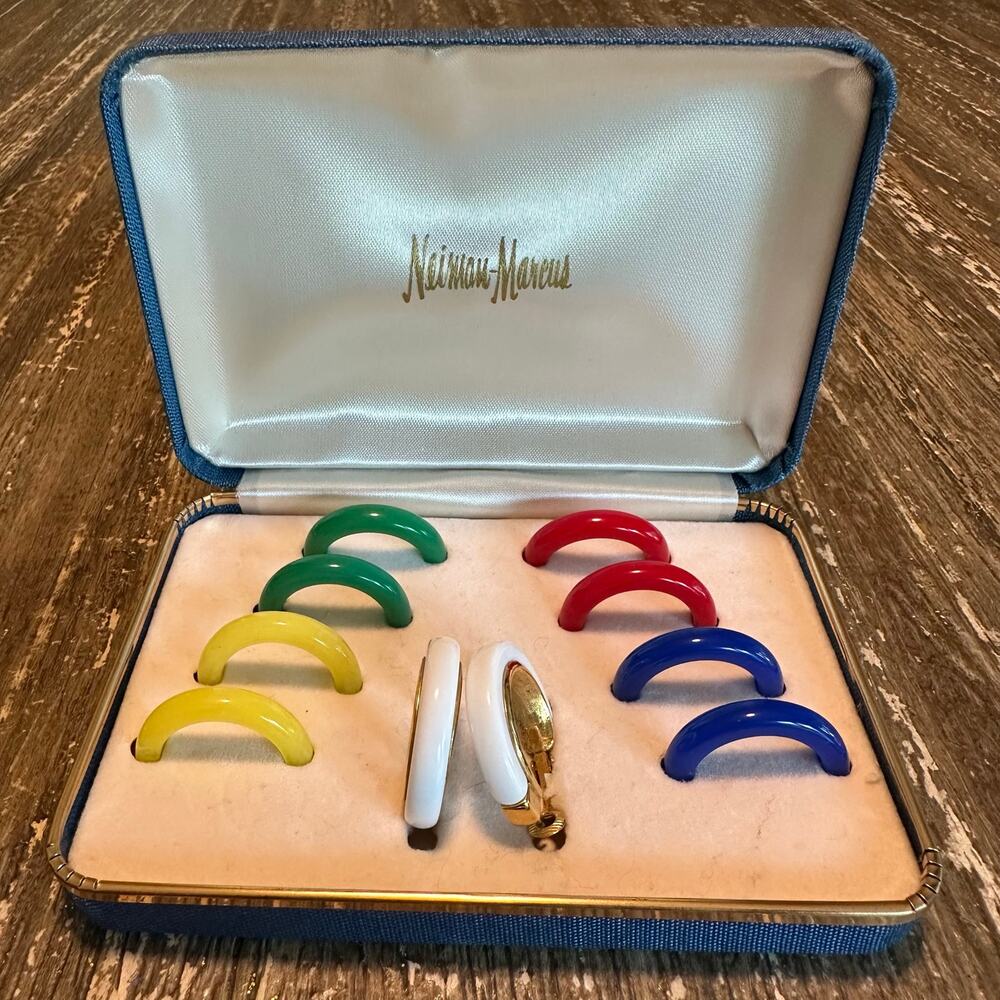 Vintage Neiman-Marcus Interchangeable Gold Multi-Color Earrings w/ Case Blue
